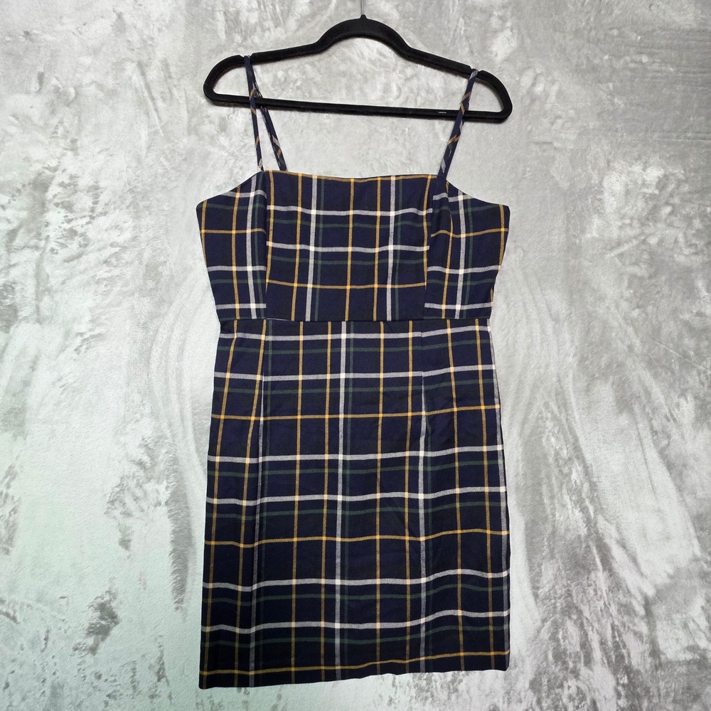 Forever 21 Womens Large Navy Blue Yellow Plaid Mini Dress Spaghetti Strap Dress